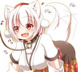 1girl all_fours animal_ears bad_id bad_pixiv_id blush breasts collar detached_sleeves fang hajime_(ak-r) hat inubashiri_momiji large_breasts leash long_skirt musical_note open_mouth pom_pom_(clothes) red_eyes short_hair silver_hair skirt solo tail tail_wagging tokin_hat touhou wolf_ears wolf_tail rating:Sensitive score:8 user:danbooru