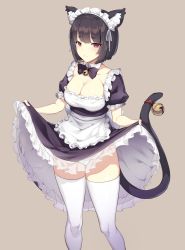  1girl animal_ear_fluff animal_ears apron azur_lane bell black_bow black_bowtie black_hair bob_cut bow bowtie breasts cat_ears cat_tail cleavage closed_mouth clothes_lift detached_collar dress dress_lift feet_out_of_frame frilled_dress frilled_sleeves frills grey_background highres icomochi jingle_bell lifting_own_clothes looking_at_viewer maid maid_headdress medium_breasts panties puffy_short_sleeves puffy_sleeves red_eyes see-through short_hair short_sleeves simple_background solo standing tail tail_bell tail_ornament thighhighs thighs underwear white_panties white_thighhighs wing_collar yamashiro_(azur_lane)  rating:Sensitive score:63 user:danbooru