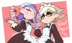  2girls apron black_dress bow-shaped_hair dress drink earrings food frilled_apron frills highres holding holding_tray ice_cream inkling jewelry maid maid_apron maid_headdress marie_(splatoon) mole mole_under_eye multiple_earrings multiple_girls nintendo object_on_head octoling ooorangeocto99 shiver_(splatoon) splatoon_(series) splatoon_1 splatoon_2 splatoon_3 suction_cups tentacle_hair tooth_earrings tray white_apron wrist_cuffs 