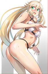 1girl ahoge artoria_caster_(fate) artoria_caster_(swimsuit)_(fate) artoria_caster_(swimsuit)_(first_ascension)_(fate) artoria_pendragon_(fate) ass ayakumo bare_shoulders bikini blonde_hair blush breasts fate/grand_order fate_(series) green_eyes highres long_hair looking_back navel small_breasts solo swimsuit thighs twintails white_bikini