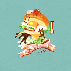  artist_name bacon burger cheese egg_(food) food food_focus fried_egg green_background issiki_toaki ladder lettuce mayonnaise meat no_humans onion original sauce tomato tomato_slice 