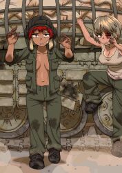  2girls arms_up army bandaid blonde_hair blood blood_on_face breasts cleavage dark_skin desert dust green_eyes homeerosu jaggy_lines large_breasts medium_breasts military_vehicle motor_vehicle multiple_girls navel one_eye_closed open_clothes original outdoors red_hair short_hair sweat tan tank tank_top  rating:Questionable score:4 user:Daybreak01