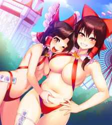 2girls bare_arms belly_grab benikurage_(cookie) blush bow bowtie breasts brown_eyes brown_hair building bush cloud commentary_request condom condom_packet_strip condom_wrapper cookie_(touhou) cowboy_shot day detached_collar dutch_angle fang ferris_wheel gluteal_fold groin hair_between_eyes hair_bow hair_tubes hakurei_reimu highres large_breasts looking_at_viewer medium_breasts multiple_girls navel one_eye_closed open_mouth outdoors plump red_bow red_eyes reu_(cookie) sidelocks skindentation slingshot_swimsuit smile stomach swimsuit tarmo thigh_gap tongue tongue_out touhou yellow_bow yellow_bowtie rating:Sensitive score:80 user:danbooru