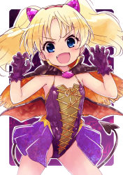  1girl :d absurdres black_cape blonde_hair blue_eyes blush brown_wings cape claw_pose commentary_request covered_navel cowboy_shot cross-laced_clothes demon_tail demon_wings fang flat_chest gloves hairband hands_up head_tilt highres jewelpet_(series) jewelpet_twinkle leotard long_hair looking_at_viewer miria_marigold_mackenzie multicolored_cape multicolored_clothes nyama open_mouth orange_cape purple_gloves purple_leotard red_hairband showgirl_skirt sidelocks smile solo star_(symbol) tail twintails v-shaped_eyebrows wings  rating:Sensitive score:44 user:danbooru