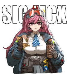  1girl belt_pouch breasts bubble_tea burger character_name checkered_clothes checkered_neckwear cheogtanbyeong collared_shirt commentary_request electroshock_weapon food food_on_face girls&#039;_frontline gloves goggles goggles_on_head highres holding holding_food jacket korean_commentary large_breasts less-than-lethal_weapon long_hair long_sleeves looking_at_viewer mole mole_under_eye open_clothes open_jacket open_mouth pink_hair pleated_skirt pouch red_eyes shirt sig_mcx_(girls&#039;_frontline) skirt solo taser upper_body white_background white_shirt  rating:Sensitive score:9 user:danbooru