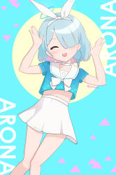  1girl absurdres arms_up arona_(blue_archive) blue_archive blue_hair blue_halo blue_shirt bow bow_hairband braid choker closed_eyes cropped_shirt hair_over_one_eye hairband halo highres knees_together_feet_apart open_mouth pleated_skirt rabbit_pose sailor_collar sailor_shirt shirt skirt somupa straight-on white_bow white_choker white_sailor_collar white_skirt 