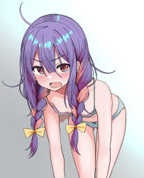 1girl absurdres ahoge bare_arms blue_bra blue_panties blush bow bra braid breasts collarbone cowboy_shot downblouse gluteal_fold gradient_background hair_between_eyes hair_bow hair_over_shoulder highres leaning_forward long_hair looking_at_viewer lower_teeth_only messy_hair multicolored_hair nipple_slip nipples open_mouth original panties polka_dot polka_dot_bra polka_dot_panties purple_hair red_eyes sidelocks small_breasts solo striped striped_bow teeth thigh_gap twin_braids two-tone_hair underwear underwear_only urushiushiru v-shaped_eyebrows yellow_bow rating:Questionable score:58 user:Sir_Cumalot