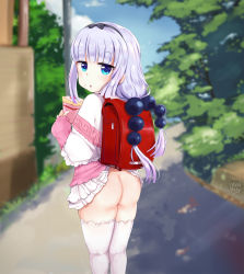 10s 1girl :o accidental_exposure ass backpack bad_id bad_pixiv_id bag beads black_bow black_hairband blue_eyes blue_sky blunt_bangs blurry bottomless bow capelet clothes_lift clueless crepe day depth_of_field dragon_girl dragon_horns food food_on_face from_behind glint hair_beads hair_ornament hairband highres holding holding_food horns jitome kanna_kamui kobayashi-san_chi_no_maidragon light_purple_hair loli long_hair long_sleeves looking_at_viewer looking_back low_twintails no_panties nyatrix outdoors parted_lips randoseru road skirt skirt_caught_on_object skirt_lift sky solo standing thighhighs tree tree_shade twintails wardrobe_malfunction white_thighhighs rating:Questionable score:312 user:danbooru