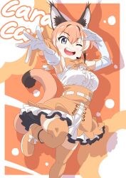  1girl absurdres animal_ears belt blue_eyes bow bowtie caracal_(kemono_friends) cat_ears cat_girl cat_tail elbow_gloves extra_ears gloves highres kemono_friends kemono_friends_v_project long_hair looking_at_viewer microphone one_eye_closed orange_background orange_hair shirt shoes simple_background skirt sleeveless sleeveless_shirt solo tail thighhighs virtual_youtuber yamaguchi_yoshimi 