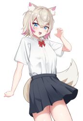  1girl absurdres alternate_costume animal_ear_fluff animal_ears blonde_hair blue_eyes blue_skirt blush collared_shirt dog_ears dog_girl dog_tail highres hololive hololive_english looking_at_viewer mococo_abyssgard multicolored_hair open_mouth pink_hair sasaki_ikuya shirt short_hair skirt smile solo streaked_hair tail virtual_youtuber white_background white_shirt 
