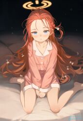  1girl absurdres barefoot blue_archive blue_eyes bow braid buttons commentary forehead hair_bow halo highres long_hair long_sleeves looking_at_viewer pajamas parted_lips pink_pajamas red_hair revision sitting solo symbol-only_commentary toes wariza white_bow yellow_halo youyueyue youyueyuee yuzu_(blue_archive) 