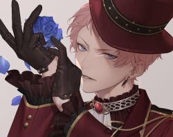  ascot black_gloves blue_flower blue_rose collar earrings ensemble_stars! flower frilled_collar frilled_sleeves frills gloves gold_trim grey_background grey_choker hands_up hat highres idol_clothes inanome_me itsuki_shu jewelry layered_clothes layered_sleeves long_sleeves own_hands_together parted_lips petals pink_hair purple_eyes red_hat red_uniform rose short_bangs short_hair signature simple_background three_quarter_view v-shaped_eyebrows very_short_hair white_ascot 
