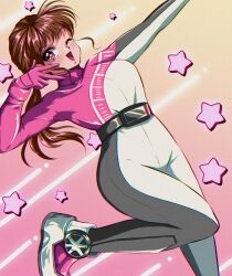  1990s_(style) 1girl bakuage_sentai_boonboomger belt black_belt blush bodysuit boots brown_hair bun_pink earrings gloves highres jewelry long_hair looking_at_viewer one_eye_closed open_mouth peace pink_background pink_bodysuit pink_eyes pink_footwear pink_gloves ponytail retro_artstyle shifuto_mira smile star-shaped_pupils star_(symbol) super_sentai superhero_costume symbol-shaped_pupils tamo_(oioi_shinuwa) v wink  rating:General score:3 user:TheWarren1995
