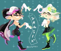 2girls :o ^_^ absurdres ankle_boots arm_up bare_shoulders black_dress black_footwear black_hair black_jumpsuit blue_background boots bow-shaped_hair bright_pupils callie_(splatoon) closed_eyes cousins cross-shaped_pupils detached_collar dress earrings food food_on_head gloves green_pantyhose grey_hair grin highres inkling jewelry jumpsuit koike3582 leg_up long_hair marie_(splatoon) multiple_girls nintendo no_lineart object_on_head open_mouth pantyhose pink_pantyhose pointy_ears short_hair short_jumpsuit smile splatoon_(series) suction_cups symbol-shaped_pupils tareme tentacle_hair twitter_username very_long_hair white_gloves white_pupils 