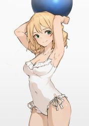  10s 1girl alternate_hairstyle aqua_eyes armpits arms_up ball beachball blonde_hair breasts casual_one-piece_swimsuit cleavage contrapposto covered_navel cowboy_shot darjeeling_(girls_und_panzer) frilled_swimsuit frills girls_und_panzer grey_background hair_down large_breasts neo-masterpeacer one-piece_swimsuit simple_background smile solo standing swimsuit white_one-piece_swimsuit  rating:Sensitive score:24 user:danbooru