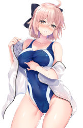  1girl ahoge black_bow blonde_hair blue_one-piece_swimsuit blush bow breasts brown_eyes cleavage collarbone commentary_request competition_swimsuit covered_navel cowboy_shot fate/grand_order fate_(series) hair_bow half_updo hand_on_own_chest highres hinata_sora jacket koha-ace looking_at_viewer medium_breasts nose_blush okita_souji_(fate) okita_souji_(koha-ace) one-piece_swimsuit open_clothes open_jacket open_mouth short_hair solo swimsuit thighs white_background white_jacket  rating:Sensitive score:10 user:danbooru