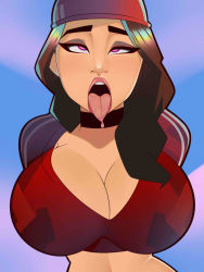 ahegao breasts choker cleavage crop_top fortnite large_breasts makeup postblue98 ruby_(fortnite) saliva tongue tongue_out two-tone_eyes rating:Questionable score:130 user:Mcgregar
