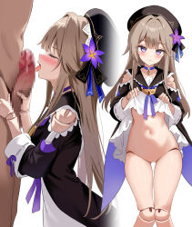  1boy 1girl beret black_dress black_hat blush brown_hair censored choker closed_mouth clothes_lift clothing_cutout doll_joints dress dress_lift erection fellatio flower hair_flower hair_ornament hat herta_(honkai:_star_rail) highres honkai:_star_rail honkai_(series) joints licking licking_penis lifted_by_self long_hair long_sleeves looking_at_viewer mosaic_censoring multiple_views navel open_mouth oral penis penis_grab purple_choker purple_eyes purple_flower shoulder_cutout simple_background solo_focus thalia tongue tongue_out white_background 