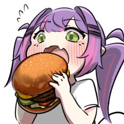  1girl blush buibui burger commentary demon_girl demon_tail eating fang flying_sweatdrops food green_eyes hair_ornament hairclip hashtag-only_commentary highres holding holding_burger holding_food hololive long_hair multicolored_hair open_mouth pink_hair purple_hair shirt short_sleeves sidelocks simple_background skin_fang solo streaked_hair t-shirt tail tokoyami_towa twintails upper_body virtual_youtuber white_background white_shirt 