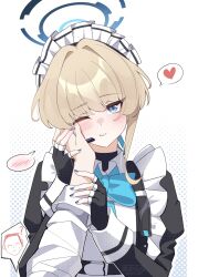  1boy 1girl akanora apron artist_name black_gloves blonde_hair blue_archive blue_bow blue_bowtie blue_eyes blue_halo blush bow bowtie closed_mouth collared_apron doodle_sensei_(blue_archive) fingerless_gloves gloves hair_intakes halo hand_grab hand_on_another&#039;s_face hashtag-only_commentary heart highres juliet_sleeves long_sleeves looking_at_viewer maid_apron maid_headdress one_eye_closed pov pov_hands puffy_sleeves purple_nails sensei_(blue_archive) spoken_blush spoken_heart toki_(blue_archive) twitter_username upper_body white_background 