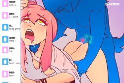  1boy 1girl against_wall ahegao ass bouncing_ass bouncing_breasts breasts chat_log clothes_lift derpixon english_text pink_hair sex sex_from_behind shirt_lift small_breasts standing standing_sex sunny_(derpixon) yellow_eyes  rating:Explicit score:80 user:Lol7x