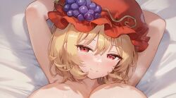  1girl ai-assisted aki_minoriko armpits arms_behind_head arms_up bed bed_sheet blonde_hair blush breasts food fruit grapes hair_between_eyes large_breasts looking_at_viewer lying nude on_back rainot red_eyes red_headwear short_hair smile touhou  rating:Explicit score:18 user:newbost