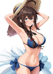  1girl ahoge armpits bikini blue_bikini blue_eyes braid breasts brown_hair cleavage commentary_request hair_between_eyes hair_flaps hair_ornament hair_over_shoulder hairpin hands_on_headwear hat highres ichikawa_feesu kantai_collection large_breasts long_hair navel official_alternate_costume parted_lips shigure_(kancolle) shigure_kai_ni_(kancolle) simple_background single_braid smile solo straw_hat swimsuit  rating:Sensitive score:4 user:danbooru