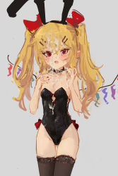  1girl :o alternate_costume black_leotard black_thighhighs blonde_hair bow cowboy_shot crystal cum cum_string facial fang female_focus flandre_scarlet grey_background hair_between_eyes hair_bow highres leotard long_hair looking_at_viewer nail_polish open_mouth pointy_ears rabbit_ears red_bow red_eyes red_nails reddizen simple_background solo strapless strapless_leotard thighhighs touhou twintails wings  rating:Explicit score:34 user:danbooru