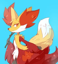 1girl animal_ears blue_background blush cactus_(spareminty) creatures_(company) delphox female_focus fox_ears fox_tail from_side furry furry_female game_freak gen_6_pokemon half-closed_eyes hand_up highres looking_at_viewer looking_to_the_side nintendo orange_eyes pokemon pokemon_(creature) pokemon_xy simple_background smile solo standing stick tail