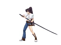  1girl asymmetrical_clothes asymmetrical_legwear bare_arms belt black_hair blue_pants boots breasts brown_belt commentary_request cowboy_boots denim fighting_stance from_side full_body grey_eyes holding holding_sheath holding_sword holding_weapon jeans kanzaki_kaori large_breasts long_hair lowres midriff mummy-e navel ootachi pants pixel_art ponytail ready_to_draw sheath sheathed shichiten_shichitou shirt short_sleeves sidelocks single_pantsleg solo standing stomach sword tied_shirt toaru_majutsu_no_index toaru_majutsu_no_index:_old_testament transparent_background very_long_hair weapon white_shirt 