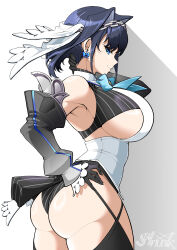  1girl absurdres arm_up armpits ass black_gloves black_hair black_thighhighs blue_bow blue_bowtie blue_eyes bow bow_earrings bowtie breasts chain chain_headband commentary detached_sleeves earrings english_commentary gloves hair_intakes hand_on_own_hip highres hololive hololive_english jewelry large_breasts looking_at_viewer ouro_kronii ouro_kronii_(1st_costume) saltnvalk short_hair simple_background smile solo thighhighs virtual_youtuber white_background  rating:Sensitive score:36 user:danbooru