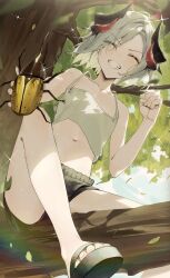  1girl :d blue_archive clenched_teeth climbing_tree closed_eyes commentary_request g5_(g5_gugu) glint green_footwear green_shorts grey_hair grey_shirt hercules_beetle highres holding horns in_tree makoto_(blue_archive) navel open_mouth outdoors raised_fist sandals shirt short_hair shorts sitting sitting_in_tree smile solo tank_top teeth tree 