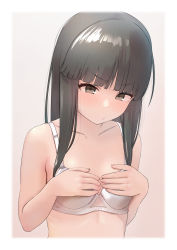  1girl black_hair blunt_bangs blush border bra breasts brown_eyes collarbone commentary_request covering_privates covering_breasts hatsuyuki_(kancolle) highres hime_cut kantai_collection long_hair looking_at_viewer pout sakieko sidelocks simple_background small_breasts solo underwear upper_body white_border white_bra  rating:Sensitive score:20 user:danbooru