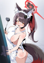  1girl absurdres alternate_costume animal_ear_fluff animal_ears apron ass black_flower blue_archive blush bomnamul bow bowtie breasts brown_hair cleavage collarbone covered_erect_nipples dark_brown_hair door doorknob extra_ears eyelashes fang female_focus fingernails flower flower_on_head fox_ears fox_girl fox_tail frills halo halo_behind_head highres holding holding_ladle indoors ladle large_breasts long_hair looking_at_viewer looking_back multicolored_hair naked_apron no_bra no_panties open_mouth ponytail red_hair sideboob simple_background smile solo standing tail teeth thighs tongue upper_body upper_teeth_only very_long_hair wakamo_(blue_archive) white_apron white_background yellow_eyes  rating:Questionable score:22 user:Y_Tho?