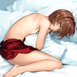  1girl bare_legs barefoot blue_eyes breasts brown_hair closed_mouth expressionless feet from_side hair_ribbon looking_at_viewer lying hugging_object original pillow pillow_hug ribbon short_hair small_breasts solo takeuchi_aya topless 