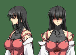  1girl bare_shoulders black_hair breasts cleavage detached_sleeves female_focus green_background hair_over_eyes japanese_clothes large_breasts leotard long_hair m.u.g.e.n miko nontraditional_miko original profile scar sendai_hakurei_no_miko serious shaded_face simple_background solo toned touhou upper_body yagami_(mukage) yellow_eyes  rating:Sensitive score:34 user:danbooru