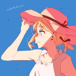  1girl bad_id bad_twitter_id bare_shoulders blonde_hair blue_background from_side hair_between_eyes hand_on_headwear hand_up hat highres kerorira love_live! love_live!_nijigasaki_high_school_idol_club miyashita_ai open_mouth ponytail profile short_hair simple_background sleeveless smile solo straw_hat translation_request upper_body 