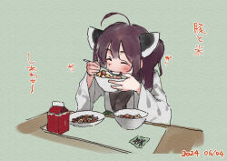 1girl ^_^ ahoge bowl brown_hair closed_eyes dated eating food food_request green_background headgear holding holding_bowl holding_spoon japanese_clothes kimono lamb_(hitsujiniku) long_sleeves plate solo spoon table touhoku_kiritan translation_request tray twintails upper_body voiceroid white_kimono wide_sleeves 