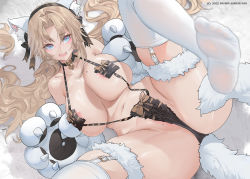  1girl alternate_costume animal_ear_fluff animal_ears animal_hands areola_slip artist_name azur_lane bare_shoulders bell black_one-piece_swimsuit black_slingshot_swimsuit blonde_hair blue_eyes blush breasts cat_ears cat_tail collarbone commentary dishwasher1910 english_commentary fake_animal_ears feet gloves heart heart_in_eye highres kronshtadt_(azur_lane) large_breasts legs_up long_hair looking_at_viewer low_twintails lying mole mole_on_breast navel neck_bell no_shoes on_back one-piece_swimsuit open_mouth partially_visible_vulva paw_gloves skindentation slingshot_swimsuit solo spread_legs swimsuit symbol_in_eye tail teeth thighhighs thighs twintails upper_teeth_only white_thighhighs  rating:Questionable score:255 user:danbooru
