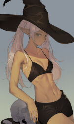  1girl absurdres alternate_costume arm_rest bikini bikini_top_only black_bikini_bottom black_headwear black_shorts blue_eyes breasts closed_mouth collarbone commentary cowboy_shot earrings elf english_commentary frieren grey_background hair_over_shoulder hat highres jewelry long_hair looking_at_viewer navel pointy_ears ruedus_21 shorts simple_background skull small_breasts solo sousou_no_frieren swimsuit twintails white_hair witch_hat 