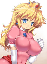 1girl blonde_hair blue_eyes breasts brooch covered_navel crown earrings elbow_gloves gloves impossible_clothes jewelry large_breasts long_hair mario_(series) nagase_haruhito navel nintendo princess princess_peach simple_background skin_tight smile solo upper_body white_background white_gloves rating:Sensitive score:287 user:danbooru