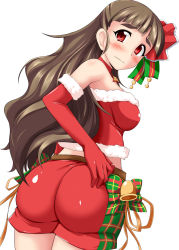 10s 1girl ass ass_focus bare_shoulders bell blunt_bangs blush bow breasts brown_hair choker christmas cowboy_shot elbow_gloves embarrassed female_focus from_behind gloves hair_bow hair_ornament hand_on_own_hip huge_ass idolmaster idolmaster_cinderella_girls kamiya_nao legs_together long_hair looking_at_viewer looking_back red_eyes red_gloves ribbon ringed_eyes santa_costume shiny_clothes shiny_skin short_shorts shorts sideboob simple_background solo standing strapless suteru_(stiel) thick_eyebrows tube_top very_long_hair white_background rating:Questionable score:47 user:armorcrystal