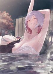  1girl arm_behind_head armpits arms_up blush breasts cleavage closed_eyes closed_mouth collarbone colored_inner_hair covered_erect_nipples covering_breasts covering_privates fence hand_up highres honkai:_star_rail honkai_(series) large_breasts medium_hair multicolored_hair night night_sky nose_blush numby_(honkai:_star_rail) onsen red_hair sanshoku_dango_(ahxf3842) sky stretching sweat topaz_(honkai:_star_rail) towel towel_slip tree trotter_(honkai:_star_rail) upper_body water white_hair 