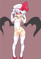  1girl bare_shoulders bat_wings black_wings bottomless breasts cleft_of_venus elbow_gloves full_body gloves halterneck hat hat_ribbon light_purple_hair mersoleil03 mob_cap navel no_panties pussy red_eyes red_footwear red_ribbon remilia_scarlet ribbon shoes short_hair small_breasts solo standing tears thighhighs third-party_edit touhou wavy_mouth white_gloves white_thighhighs wings  rating:Explicit score:40 user:Deddrz