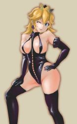  1girl absurdres alternate_costume blonde_hair blue_eyes bondage_outfit breasts crown dominatrix earrings elbow_gloves gloves groin hand_on_own_hip highres jewelry large_breasts leotard long_hair mario_(series) nintendo one_eye_closed princess_peach smile solo standing super_mario_bros._1 thighhighs wink zipper  rating:Questionable score:34 user:Perv-Ultra