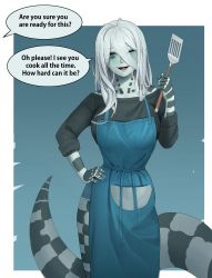  1girl ;d absurdres apron black_sweater blue_apron boonie_baby borrowed_character breasts english_text fangs green_eyes grey_hair hair_between_eyes hand_on_own_hip highres holding holding_spatula ivy_(sparrowl) lamia large_breasts looking_at_viewer monster_girl one_eye_closed open_mouth original pale_skin slit_pupils smile solo spatula speech_bubble striped_skin sweater tail  rating:Sensitive score:36 user:danbooru