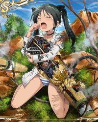  1girl animal_ears cloud female_focus francesca_lucchini full_body kneeling official_art outdoors panties plant sky solo strike_witches striker_unit tree underwear world_witches_series  rating:Sensitive score:14 user:Apolonir