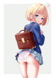  1girl accidental_exposure ahoge ass backpack bag blazer blonde_hair blue_eyes blue_jacket blush clothes_lift commentary_request from_behind grey_background grey_skirt hand_up highres jacket kaze_makase long_sleeves looking_at_viewer looking_back original panties pleated_skirt school_uniform short_hair skirt skirt_lift solo two-tone_background underwear white_background white_panties 