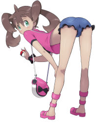  10s 1girl absurdres alternate_color ass back bag bent_over blush breasts brown_hair cameltoe creatures_(company) dark-skinned_female dark_skin denim denim_shorts dutch_angle female_focus from_behind full_body game_freak green_eyes handbag high_heels highres hip_focus kneepits legs letterboxed loli long_hair looking_at_viewer looking_back matanonki midriff nintendo open_mouth panties pointing poke_ball pokemon pokemon_xy quad_tails shauna_(pokemon) shirt shoes short_shorts shorts small_breasts smile solo spread_legs twintails underwear v wide_hips wrist_cuffs wristband  rating:Questionable score:456 user:cornfuhly
