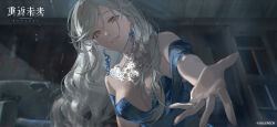  1girl bare_shoulders blue_dress blurry blurry_background breasts cleavage copyright_name copyright_notice couch dress eternity_(reverse:1999) grin highres indoors jellyfish_earrings jewelry large_breasts logo long_hair looking_at_viewer necklace night off-shoulder_dress off_shoulder official_art official_wallpaper open_hand outstretched_arm outstretched_hand reaching reaching_towards_viewer reverse:1999 sidelighting smile solo teeth upper_body white_hair window wooden_wall yellow_eyes 